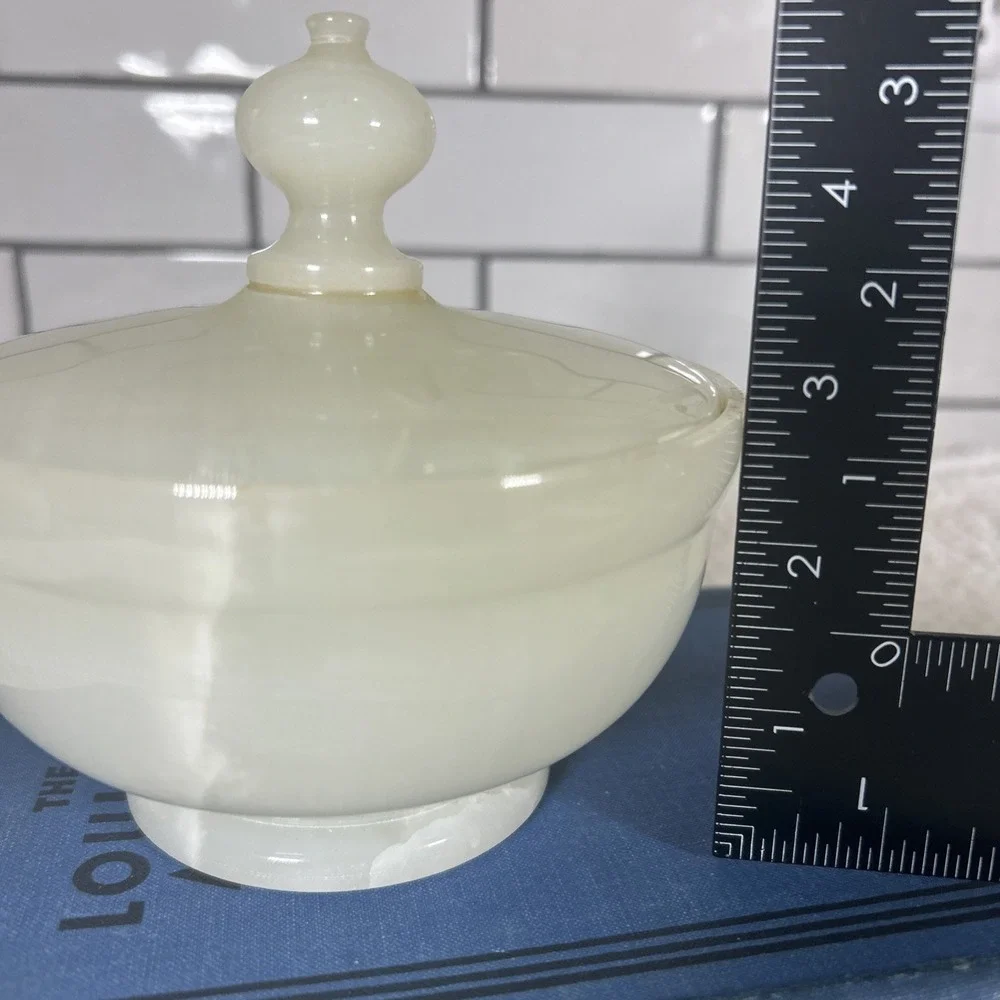 White Onyx Marble Lidded Jar Trinket Candy Dish Cream Heavy App 5